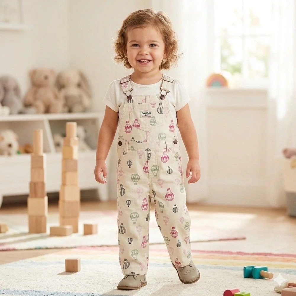 OshKosh B'gosh Toddler Girls Cream Hot Air Balloon Print Cotton Overalls 2T